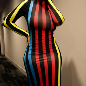 Multi Color High Neck Maxi Pin Striped Dress