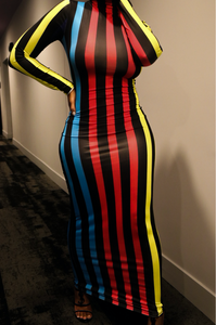 Multi Color High Neck Maxi Pin Striped Dress